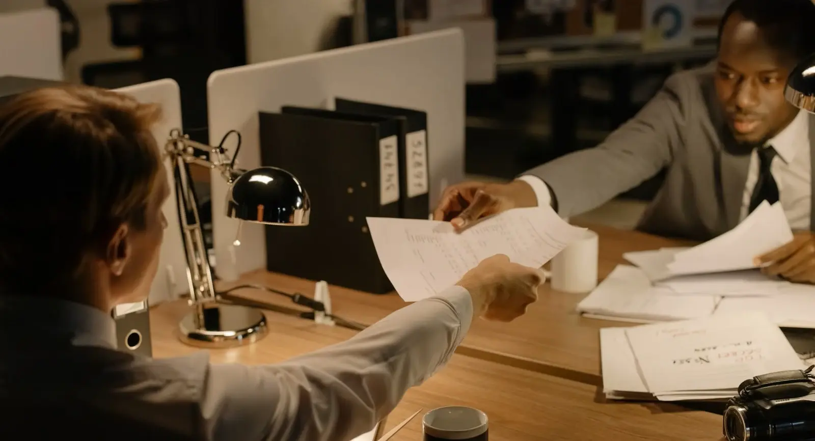 Business representatives handing documents to an advisor for registration review